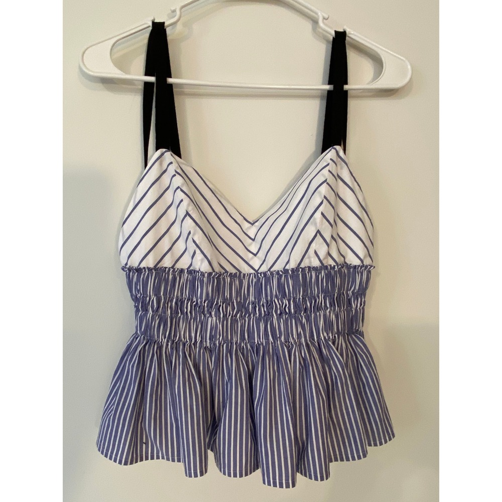 Express Blue White Striped Smocked Peplum Cami Top Black Ribbon Tie Straps Small